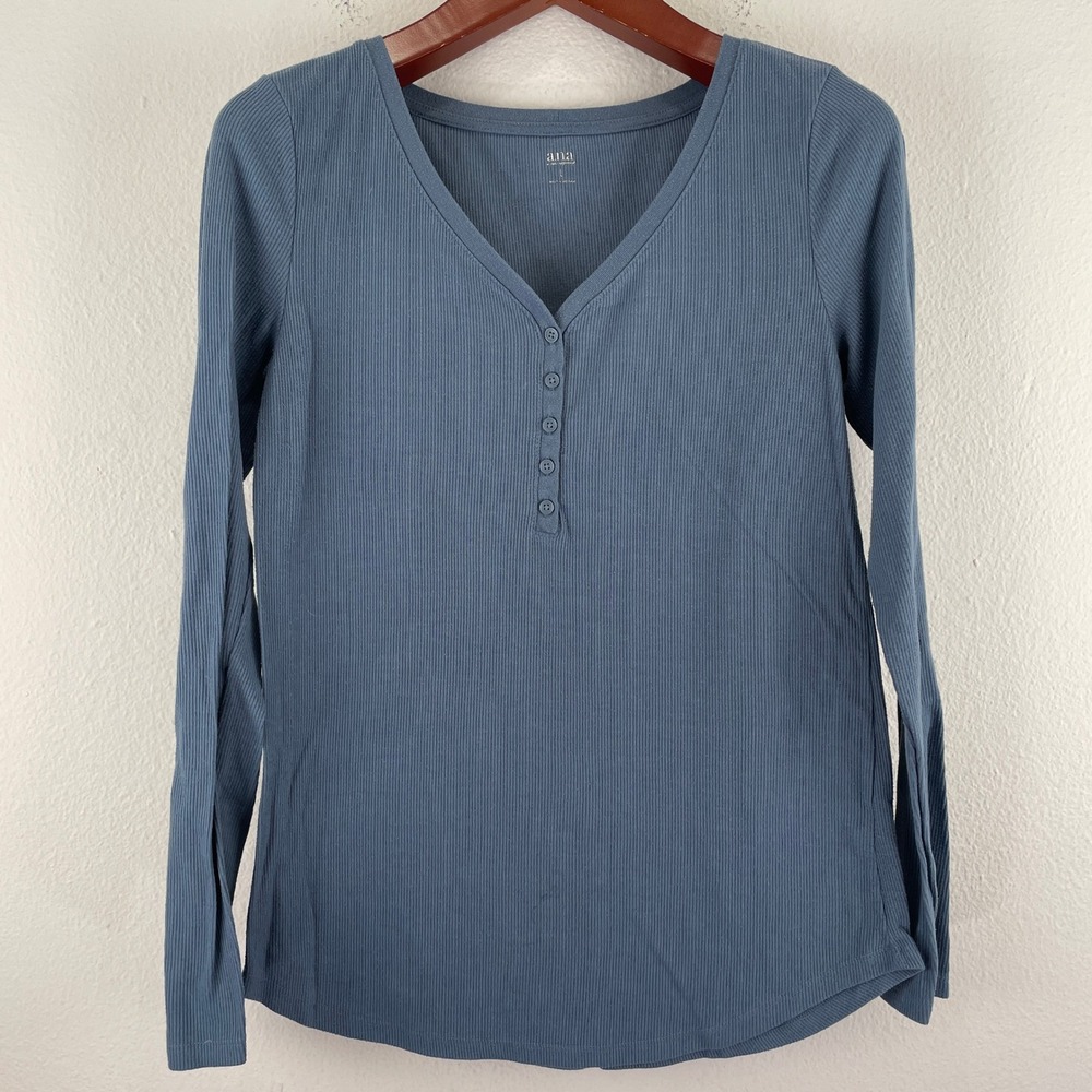 Y2K 90s Normcore Henley ana Womens Blue Ribbed Long Sleeve V-Neck Top Large